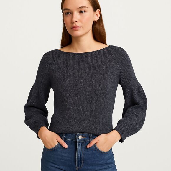 Massimo Dutti Blue Black Knit Sweater Women M Bell Sleeve Italian Yarn - Picture 1 of 7